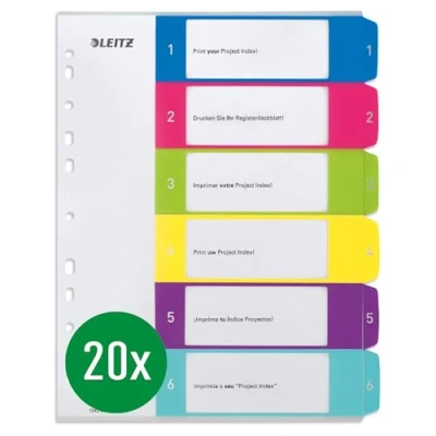 Imagen de Leitz 12420000 Separadores para A4, paquete de 20, portada escribir en PC y 6 separadores, pestañas con números del 1 al 6, gran ancho, multicolor, polipropileno, WOW