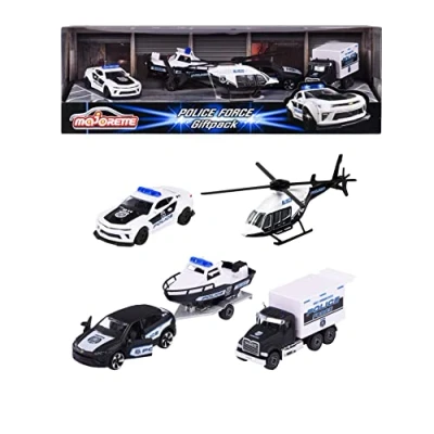 Imagen de Majorette Vehículos de policía la Fuerza policial Set Regalo con 4 Coches Juguete para niños a Partir 3 años, Coche policía, camión helicóptero y Remolque