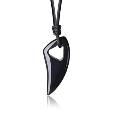 Imagen de COAI Collar para Hombre con Colgante Diente de Lobo Esilizado Obsidiana Negra Piedra Natural