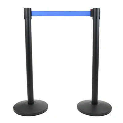 Imagen de Danieli Postes separadores con cinta extensible hasta 3 m, retráctil y sistema de seguridad Poste negro base reforzada Columna separadora para ámbitos diversos (azul)