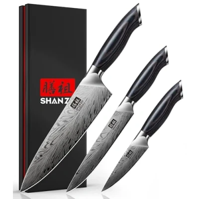 Imagen de SHAN ZU Set de Cuchillos Cocina Acero en Polvo, 3 Piezas Juego Súper Afilado y Duro, Mango Madera Ergonómico, Cuchillo Chef, Universal Pelar