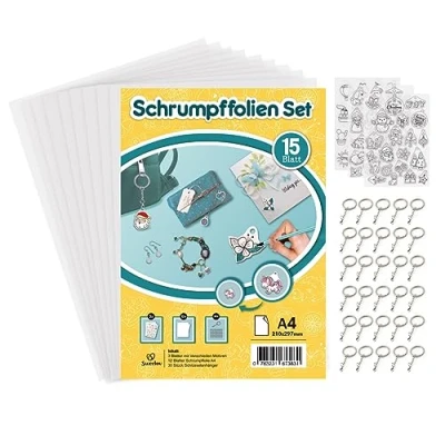 Imagen de Sweelov El kit de hojas plástico transparente retráctil incluye 15 y 30 accesorios para llaveros, película A4 adornos bricolaje o