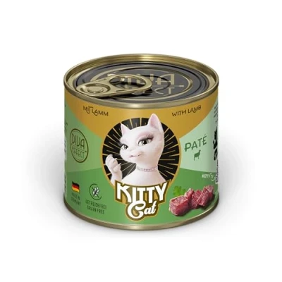 Imagen de KITTY Cat Paté Cordero 6 x 200 g Comida húmeda para Gatos sin Cereales con taurina, Aceite de salmón y mejillón Labios Verdes, pienso Completo Alto Porcentaje Carne, Fabricado en Alemania