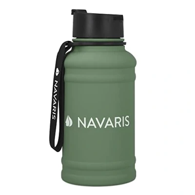 Imagen de Navaris Botella de Agua Acero Inoxidable Cantimplora Metal 1.3 L Garrafa para Bebidas Deporte Camping Gimnasio Yoga Verde Oscuro