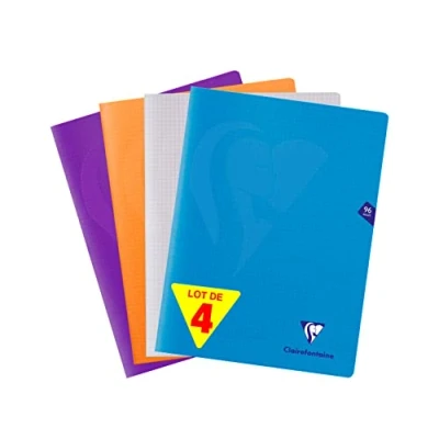 Imagen de Clairefontaine 293362AMZC Juego de 4 cuadernos con grapas Mimesys (24 x 32 cm, 96 páginas pequeñas, papel blanco 90 g, cubierta poliuretano (azul, incoloro, naranja, violeta)