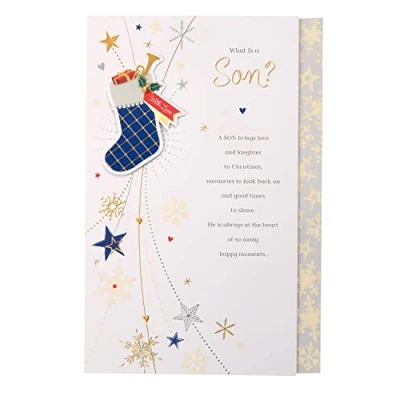 Imagen de UK Greetings Tarjeta de Navidad para hijo, diseño calcetín azul