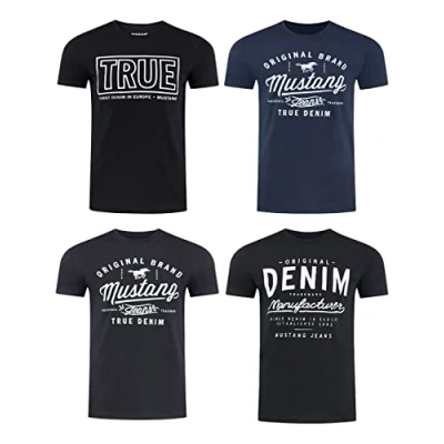 Imagen de Mustang Camiseta de Manga Corta para Hombre, Paquete 4 Unidades, con Estampado Frontal, Cuello Redondo, Corte Normal, 100% algodón, L