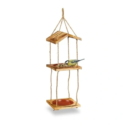 Imagen de Relaxdays Comedero para Pájaros de Madera Natural, Colgante, Aves Silvestres, 2 Cuencos, 73 x 20 cm, Algodón