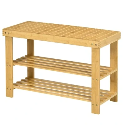 Imagen de HOMCOM Banco Zapatero de Bambú con Asiento Organizador Zapatos 3 Niveles para 6 9 Pares Entrada Salón Dormitorio 70x28x45 cm Natural
