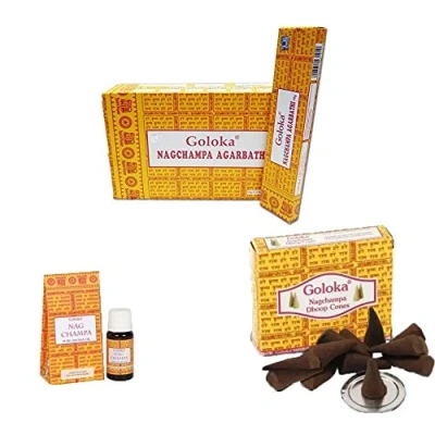 Imagen de DORAZEN Pack Incienso NAG Champa (12 Paquetes DE 15GR) + Conos (1 10 Conos) Esencia GOLOKA