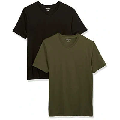 Imagen de Amazon Essentials Camisetas de manga corta con cuello pico y corte ajustado Hombre, Pack 2, Negro/Verde Oliva Oscuro, S