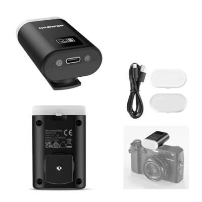 Imagen de NEEWER Basics Mini Flash de cámara, luz Relleno 5600 K con Pantalla LCD, Compatible cámaras Digitales Canon Fujifilm Sony Nikon DSLR estándar para fotografía Estudio, sesiones Fotos