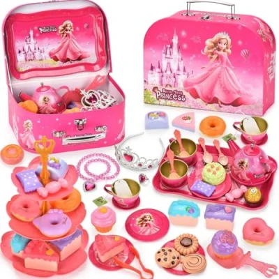 Imagen de EUZLABBY 52 Pcs Juego de Té Infantil,Juego Tetera Hojalata,Accesorios Cocina Juguetes,con Tazas,Platos y Accesorios,para Regalo cumpleaños Niñas 3 8 años.