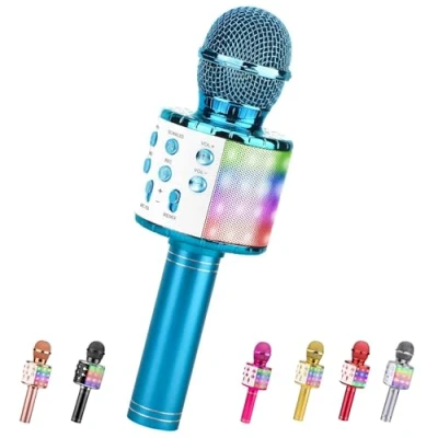 Imagen de ShinePick Microfono Inalámbrico Karaoke, Micrófono Karaoke Bluetooth Portátil con Altavoz y LED para Niños Canta Partido Musica, Compatible Android/iOS PC, AUX o Teléfono Inteligente (Azul)