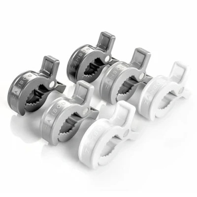 Imagen de Zamboo, Set de Pinzas Cochecito Bebé Universales 6 Ud. sin BPA, Ganchos Carro Bebe Muselina Enganches para Mantas, Clips Juguetes Blanco Gris