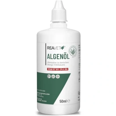 Imagen de ReaVET aceite de algas para perros, gatos, caballos, 50 ml, alta dosis y vegano, alimentación que apoya las articulaciones, el metabolismo, pelo la piel