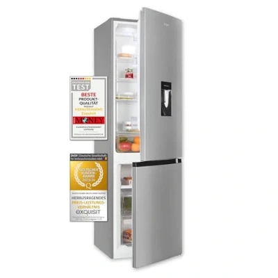 Imagen de Exquisit® Frigorífico Combi, 251L, Clase C, Material Acero Inoxidable, Tecnologia No Frost, Dispensador de Agua, Cajón Verdulero, Estantes Cristal, Consumo 141 kWh/año, Medidas 180,5x54x60 Cm.