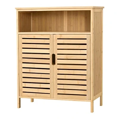 Imagen de [en.casa] Mueble Auxiliar para Baño Entrada de Suelo con 2 Puertas y Prácticas Superficies Almacenamiento Bambú 81 x 66 31 cm Natural