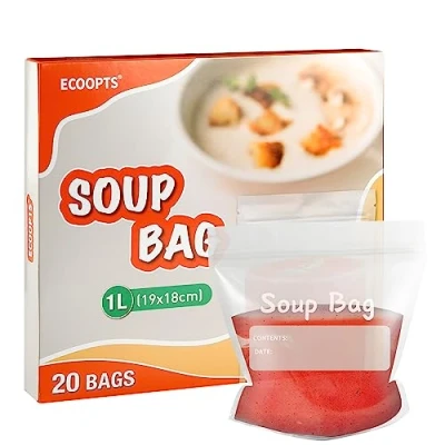 Imagen de ECOOPTS bolsas de almacenamiento selladas para congelador, reutilizables 1 litro, líquidas sopa y salsa (paquete 20)
