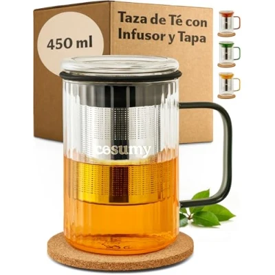 Imagen de Cosumy Taza para Infusiones con Tapa y Filtro, 450ml Vaso de Té Vidrio Borosilicato Asas Colores Posavasos Corcho (Negro)