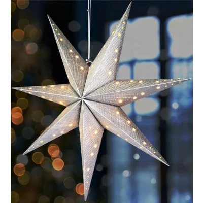Imagen de BRUBAKER Estrella de Navidad Colgante con Casquillo E14 Set Papel 60 cm 3,5 m Cable Adviento 3D Decoración Ventana Luz Plateada