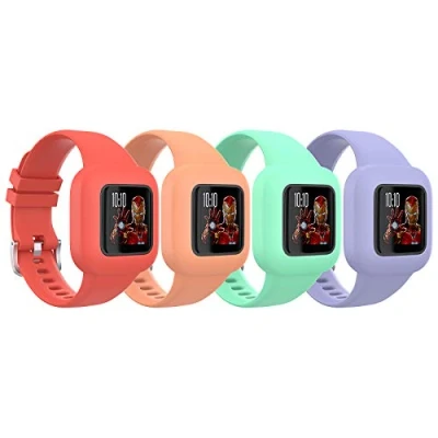 Imagen de TiMOVO Correa de Reloj Compatible con Garmin Vivofit jr 3, [4 pcs] Banda Respirable y Reemplazable, Pulsera Ajustable Silicona para Niños Rojo &amp; Naranja Verde Claro Morado