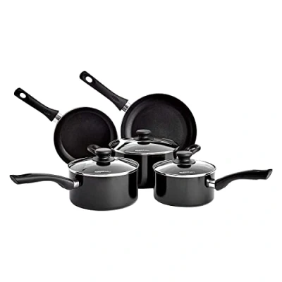 Imagen de Amazon Basics Juego de Utensilios Cocina Inducción Antiadherente, 5 Unidad, Aluminio, con Tapas, Negro