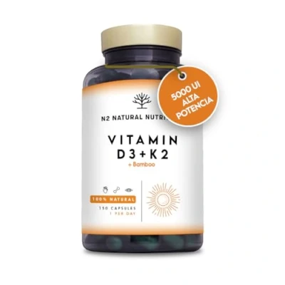 Imagen de Vitamina D3 y K2. 5000 ui + K2 MK7 200 μg Silicio Bamboo. Alta Dosificación Biodisponibilidad. Contribuye al Sistema Inmunológico. 150 Cápsulas. N2 Natural Nutrition