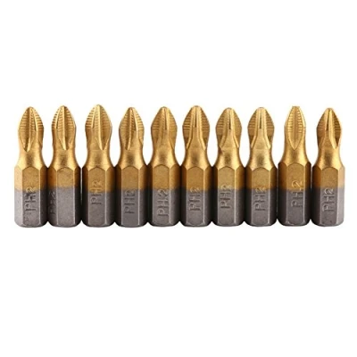 Imagen de 10 Pcs Juego de Puntas Phillips, 1/4&quot; PH2 Destornillador Recubiertas Titanio Hexagonal S2 25mm