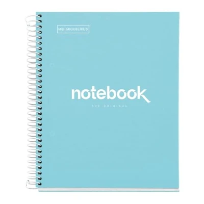 Imagen de Miquelrius Cuaderno A5 Notebook Emotions, 80 Hojas 90 g/m², Cuadrícula 5 x mm, 1 Franja de Color, Espiral Microperforado, Cuadriculado, Tapa Extra Rígida, 2 Taladros, Azul Cielo