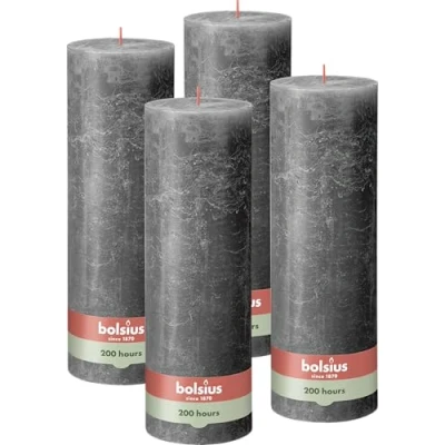 Imagen de Bolsius Rustik Pillar Candle XXL Antracita Juego de 4 velas para el hogar 200 horas Sin perfume Cera vegana natural aceite palma 30 x 10