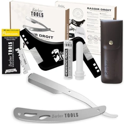 Imagen de Kit de afeitado: navaja afeitar barbero con cuchilla intercambiable + 40 cuchillas dobles paño barra alumbre estuche almacenamiento toalla afeitado peine plantilla