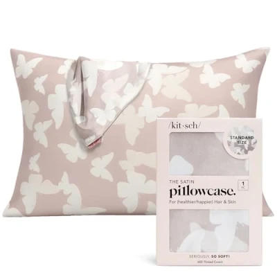 Imagen de Kitsch Funda de Almohada refrescante 100% satén con Cremallera, más Suave Que la Seda, Ideal para el Cabello y Piel (Estándar/Queen, 1 Paquete, champán Mariposa)