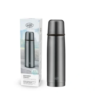 Imagen de alfi Isotherm AV 500 ml, Cool Grey Mat, Botella isotérmica de Acero Inoxidable con Vaso, estanquidad tapón automático, Desmontable, Mantiene el Calor 12 Horas, sin Huellas, BPA