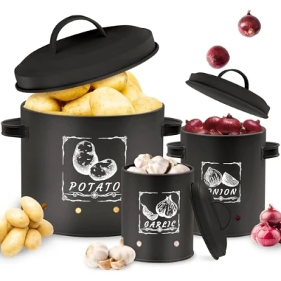 Imagen de Gigmeta 3 cajas de almacenamiento para patatas, juego versátil con sistema ventilación, mantiene las verduras frescas durante más tiempo, ideal guardar cebollas y patatas (negro)