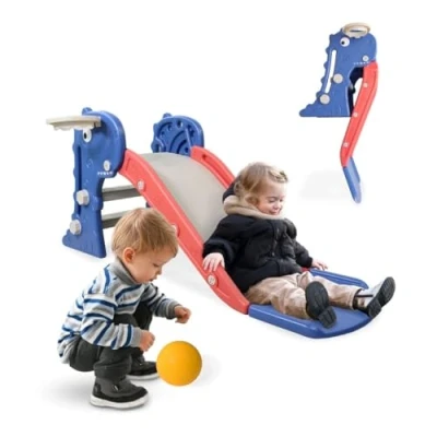 Imagen de Mobiclinic® Kids, Tobogán infantil, Dino, Plegable, Incluye cesta y pelota. Bordes redondeados, Antideslizante, Máx. 35 kg, Estable, Seguro, Fácil montaje, Para Interior exterior, Azul