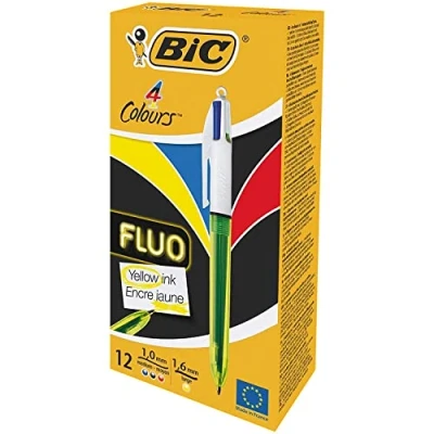 Imagen de BIC 933948 4 colores Fluo bolígrafos Retráctiles Tinta Negra, Azul, Rojo y Amarillo Fluorescente, Caja de 12 unidades