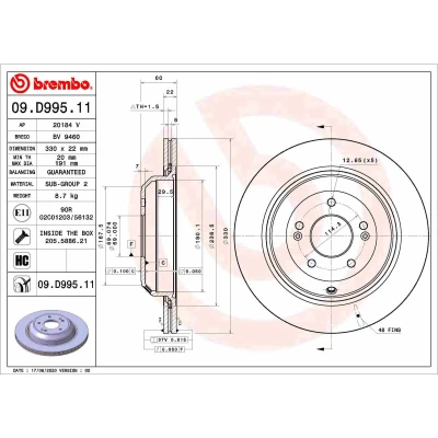 Imagen de BREMBO 09.D995.11 Disco de freno 330 22 5 ventilación interna revestido altamente carbonizado con tornillos KIA: Stinger Hatchback