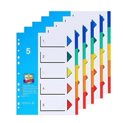 Imagen de Divisores de archivos A4(5 unidades) Separadores 5 Partes,Número 1 5,Divisores con 11 Agujeros y Pestañas Multicolor para La Oficina Doméstica