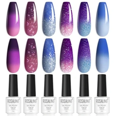 Imagen de ROSALIND Cambio de Color Esmaltes Semipermanentes Uñas en Gel UV LED, Temperatura Para Azul Morado Rosa Glitter Pintauñas Principiantes