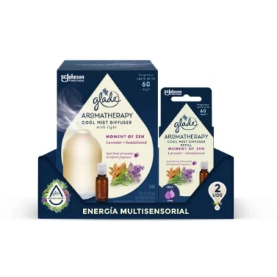 Imagen de Glade Aromatherapy, Difusor de aceites esenciales, fragancia Moment of Zen, Lavanda &amp; Sandalwood, y recambio, con USB luz regulable. + 2 Recambios