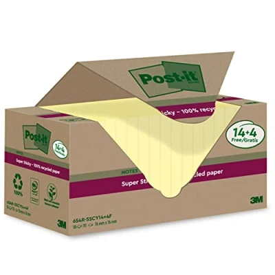 Imagen de Post it Super Sticky Notas Recicladas, 14 blocs/paquete + 4 GRATIS, 70 Hojas por Bloc, 76 mm x mm, Amarillo Extra Adhesivas Fabricadas con Papel 100% Reciclado