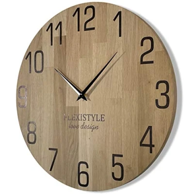 Imagen de FLEXISTYLE Reloj de Pared Natural, diámetro 50 cm, Aspecto Madera, 100% Roble, Moderno, salón, sin Ruido tictac … (50 Negro)
