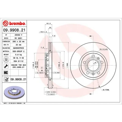 Imagen de BREMBO COATED DISC LINE 09.9908.21 Disco de freno 280 22 5 ventilación interna revestido altamente carbonizado con tornillos AUDI: A8 D3