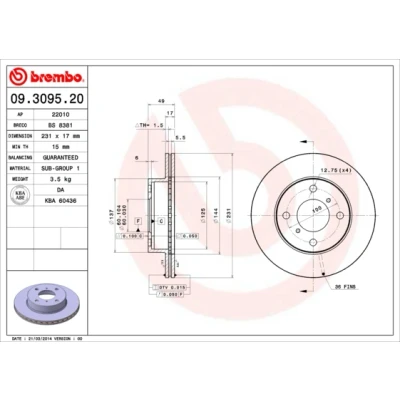 Imagen de BREMBO 09.3095.20 Disco de freno 231 17 4 ventilación interna SUZUKI: Wagon R+ I Hatchback