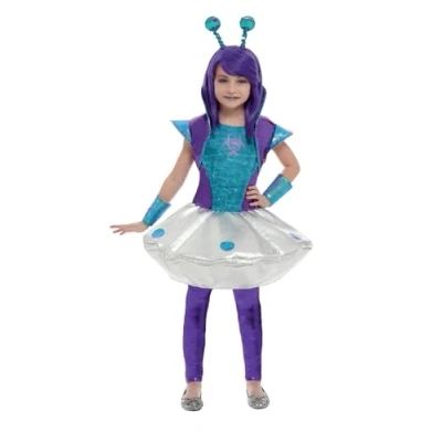 Imagen de Smiffys Disfraz de alien para niña, Azul, con vestido, leggings, muñequeras y diadema