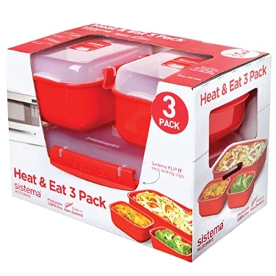Imagen de Sistema Heat &amp; Eat recipientes para microondas Fiambreras apilables con tapas herméticas cierre de clip Rojo/transparente Paquete 3