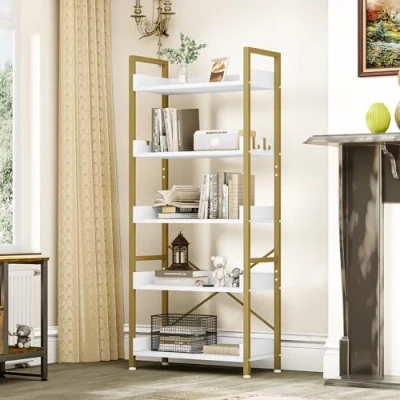 Imagen de YITAHOME Librería de 5 Niveles, Estantería Industrial para Libros Piso, Estante Madera y estanterías con Marco Acero Estable 4 Ganchos Sala Estar, Oficina en casa, Dorada