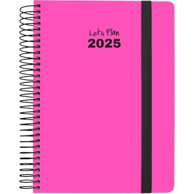 Imagen de Grafoplas Agenda 2025 Dia Por Pagina Neón Rosa Flúor Tamaño 15x21cm Español Espiral Tapa Dura Forrada Papel Acabado Brillo Cierre Goma Esquinas Redondeadas Incluye Pegatinas