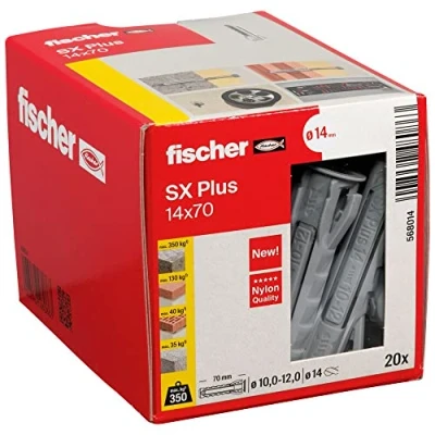 Imagen de fischer 568014 SX Plus Taco de expansión 14x70, caja con 20 anclajes nylon, para una sujeción óptima al fijar en hormigón, ladrillo macizo, y mucho más